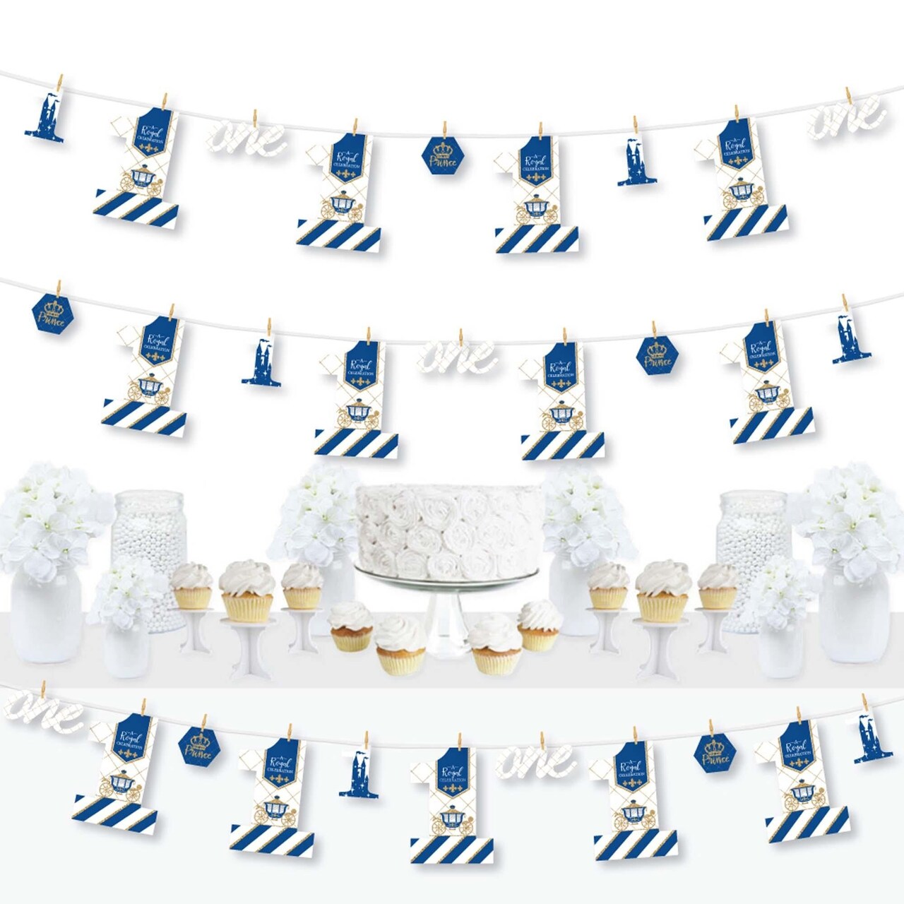 Big Dot of Happiness 1st Birthday Royal Prince Charming - First Birthday Party DIY Decorations - Clothespin Garland Banner - 44 Pieces